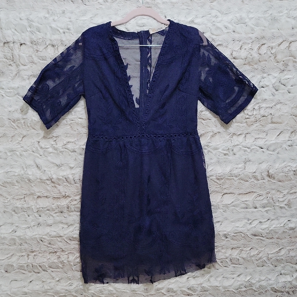 Eleter Navy Blue Lace Deep V-Neck Mini Romper, Womens Sz M, Cocktail, Romantic